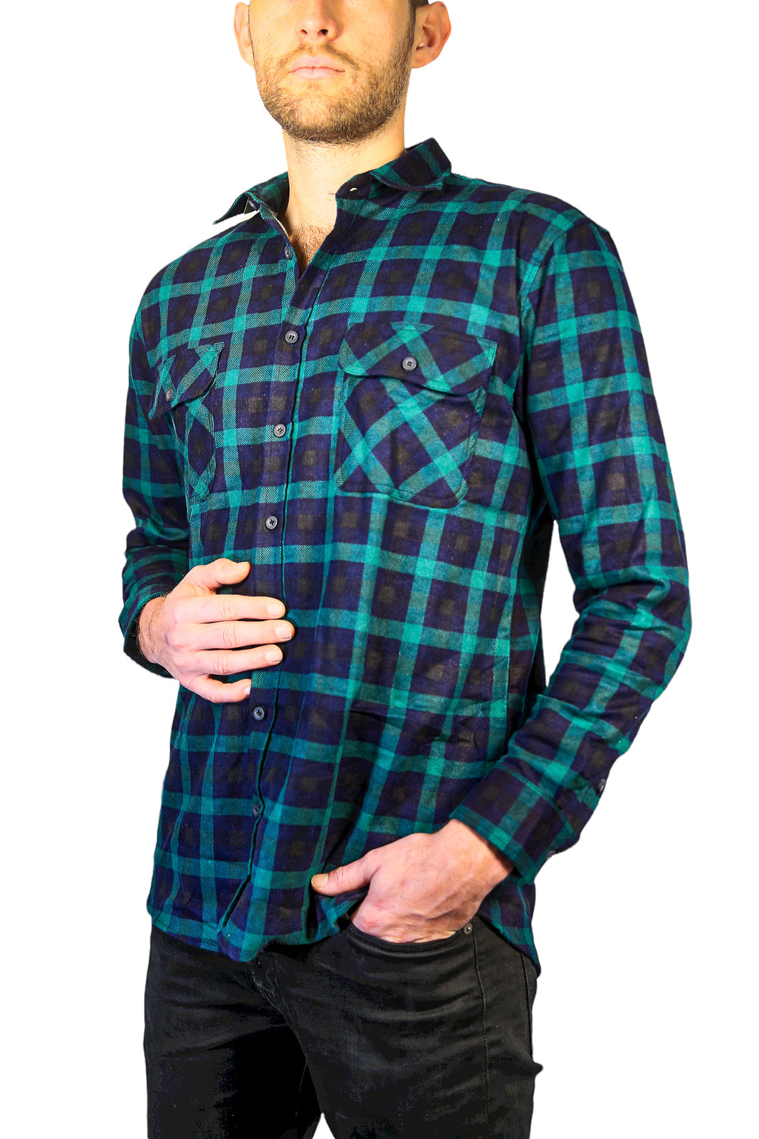 Mens 100% Cotton Flannelette Shirt Long Sleeve Check Authentic Flannel - Green/Navy - 7XL