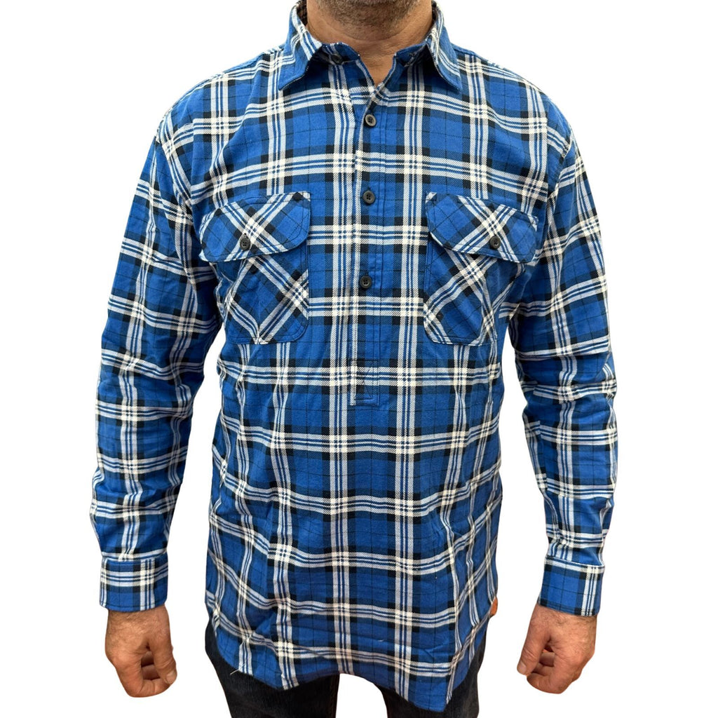 Mens Flannelette Long Sleeve Pullover Shirt 100% Cotton Flannel - Half Placket - Navy - 5XL