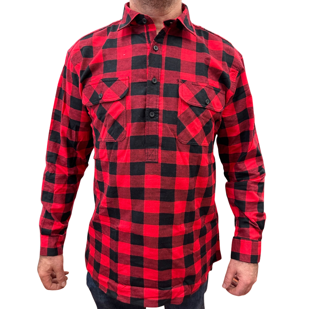Mens Flannelette Long Sleeve Pullover Shirt 100% Cotton Flannel - Half Placket - Red/Black - XXL