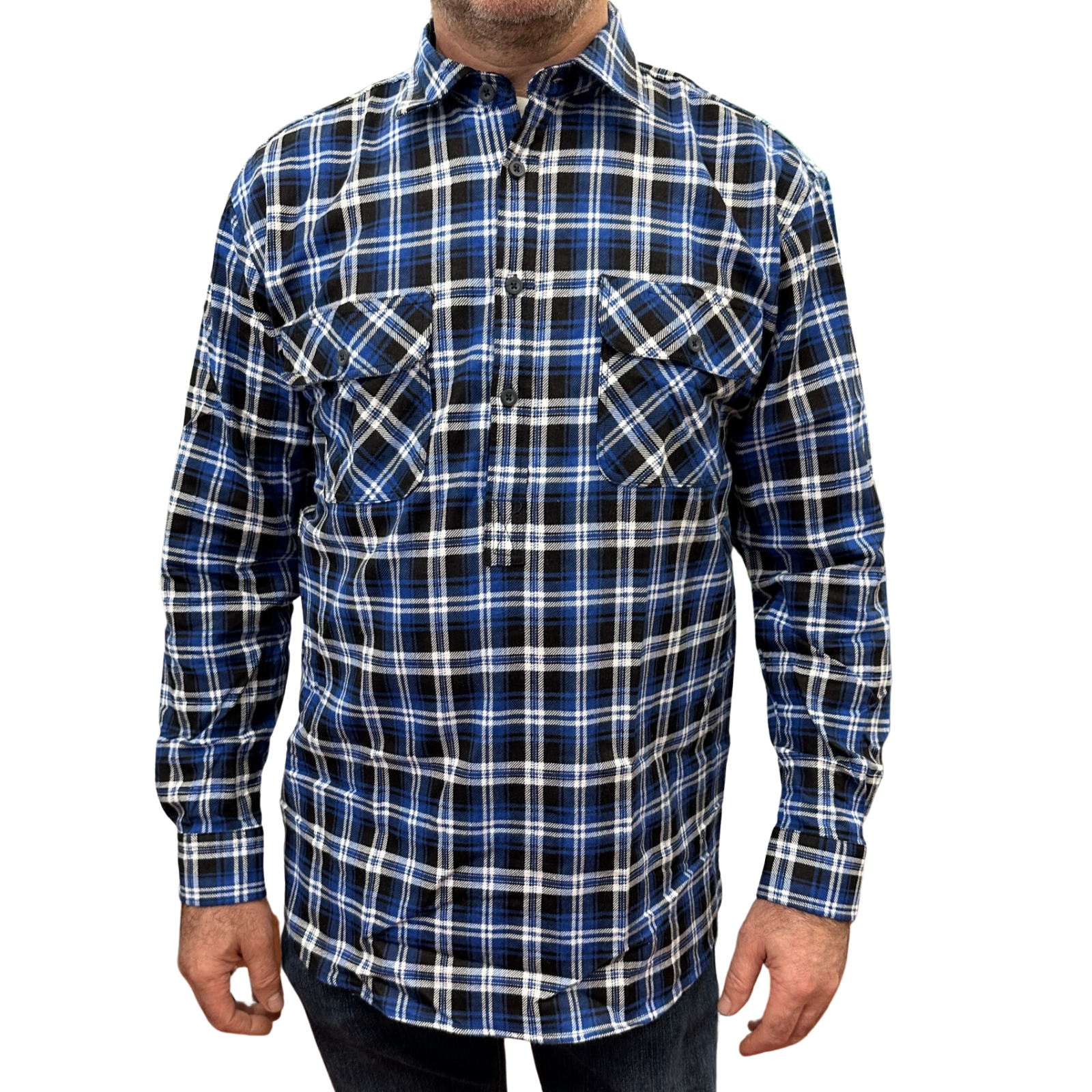 Mens Flannelette Long Sleeve Pullover Shirt 100% Cotton Flannel - Half Placket - Blue/Black - 3XL