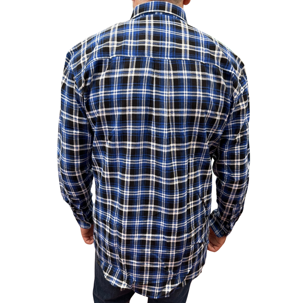 Mens Flannelette Long Sleeve Pullover Shirt 100% Cotton Flannel - Half Placket - Blue/Black - 7XL
