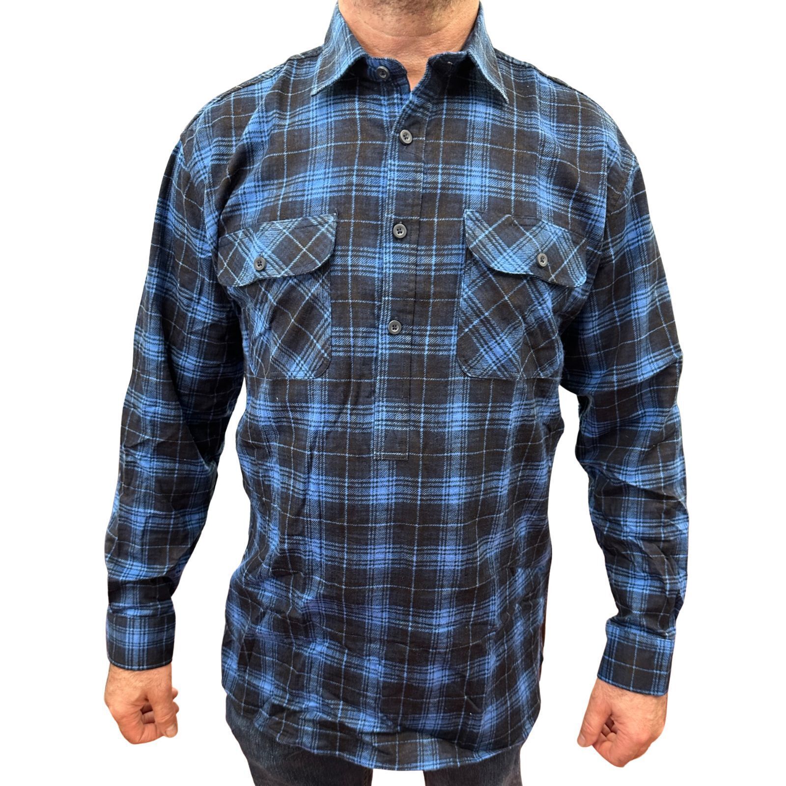 Mens Flannelette Long Sleeve Pullover Shirt 100% Cotton Flannel - Half Placket - Blue - 7XL