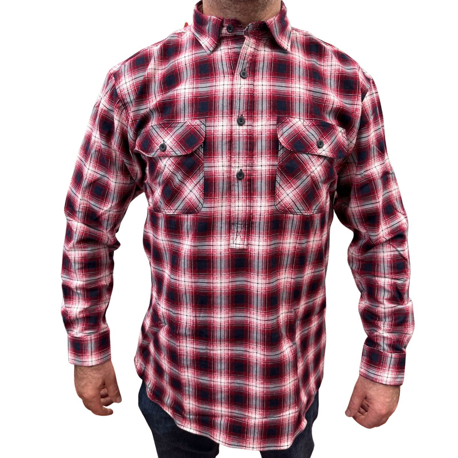 Mens Flannelette Long Sleeve Pullover Shirt 100% Cotton Flannel - Half Placket - Red/Black - 6XL