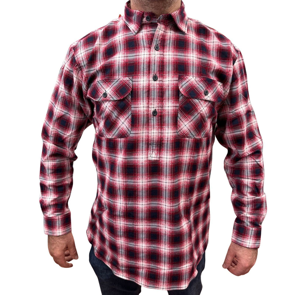Mens Flannelette Long Sleeve Pullover Shirt 100% Cotton Flannel - Half Placket - Red/Black - 8XL
