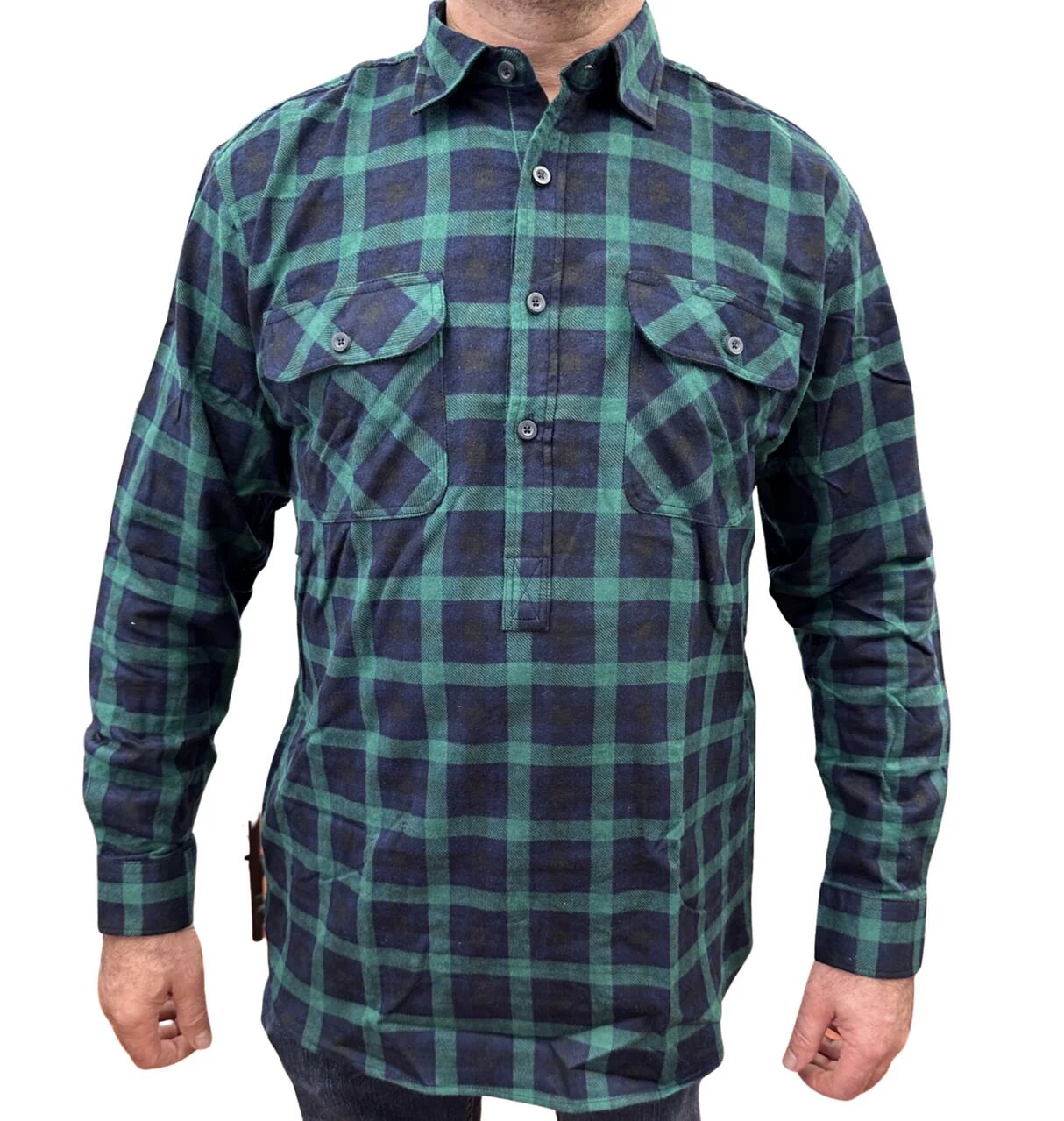 Mens Flannelette Long Sleeve Pullover Shirt 100% Cotton Flannel - Half Placket - Green/Navy - 7XL