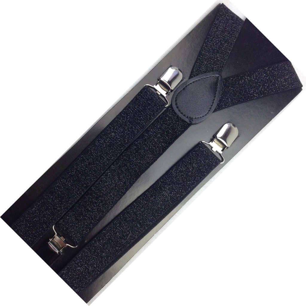 GLITTER SPARKLE SUSPENDERS Braces Clipon Elastic Y-Back Slim Adjustable  - Black (Glitter)