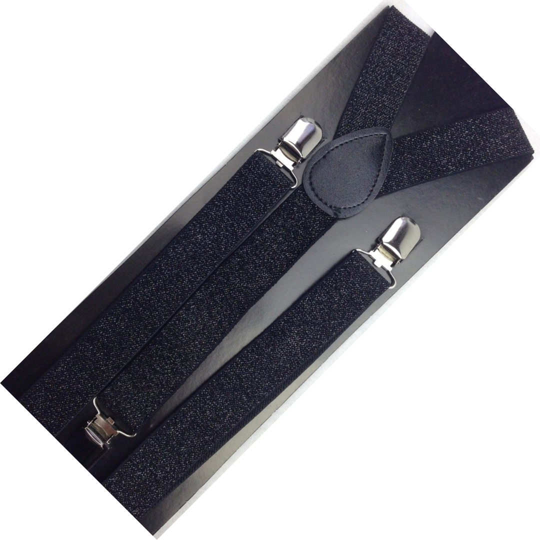 GLITTER SPARKLE SUSPENDERS Braces Clipon Elastic Y-Back Slim Adjustable  - Black (Glitter)