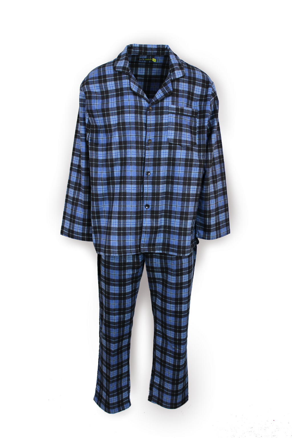 Mens Flannelette Pyjama Set Sleepwear Soft 100% Cotton PJs - Blue Check - 6XL