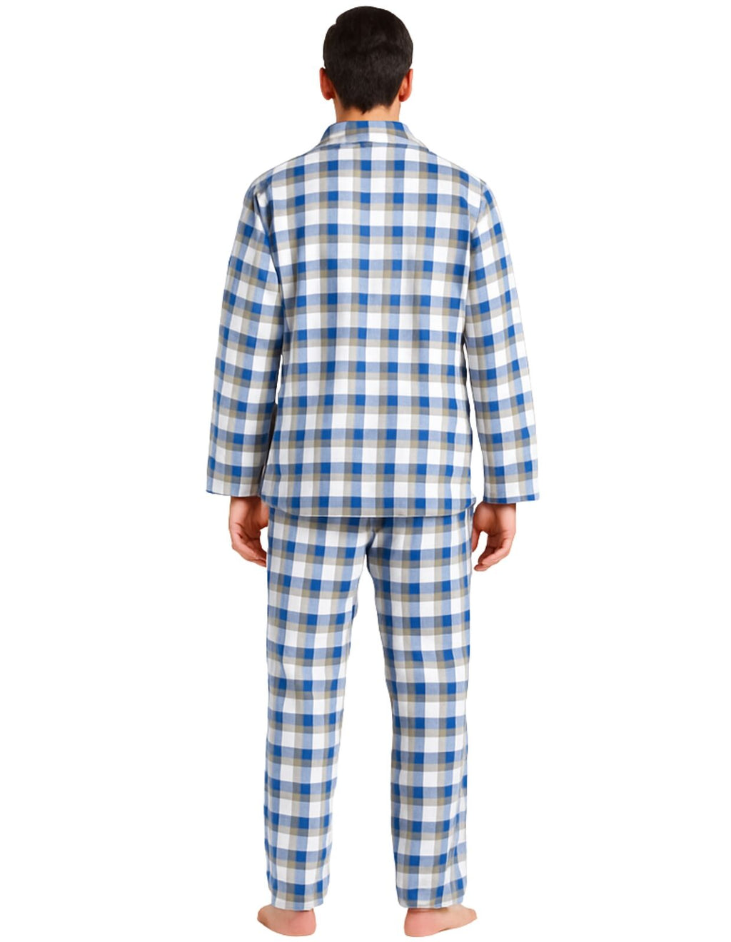 Mens Flannelette Pyjama Set Sleepwear Soft 100% Cotton PJs Two Piece - Light Blue Check - L