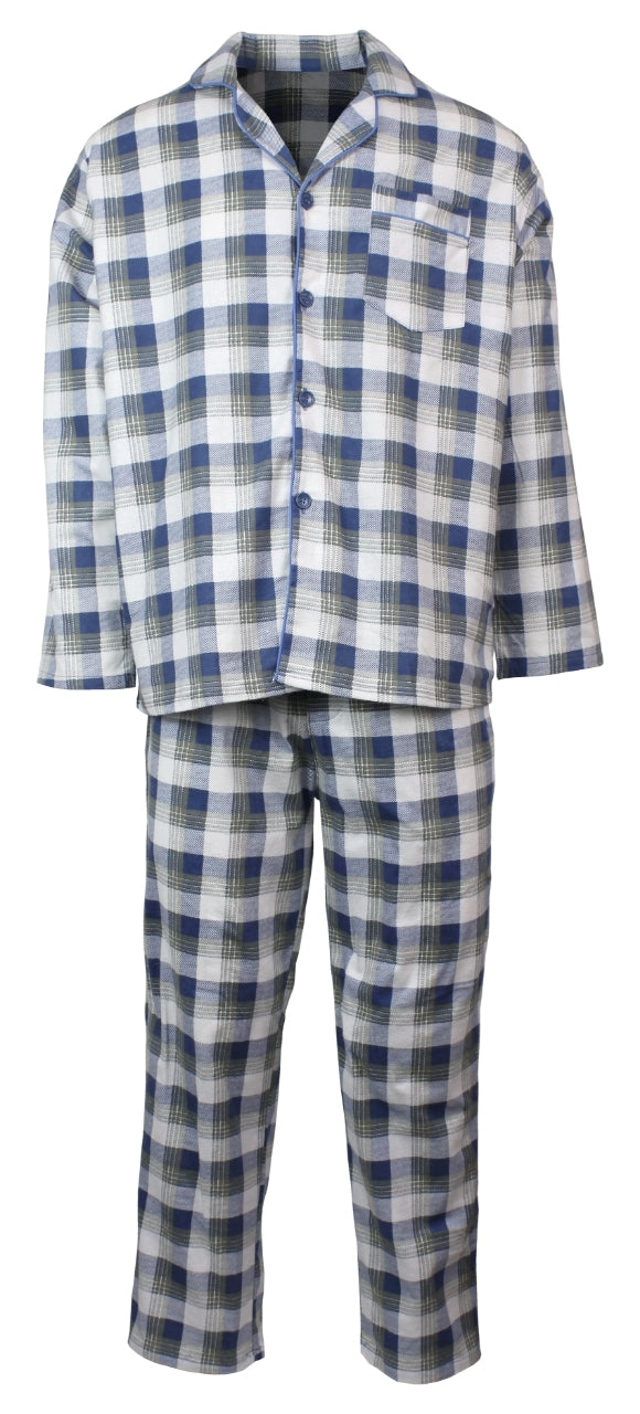 Mens Flannelette Pyjama Set Sleepwear Soft 100% Cotton PJs Two Piece - Light Blue Check - M