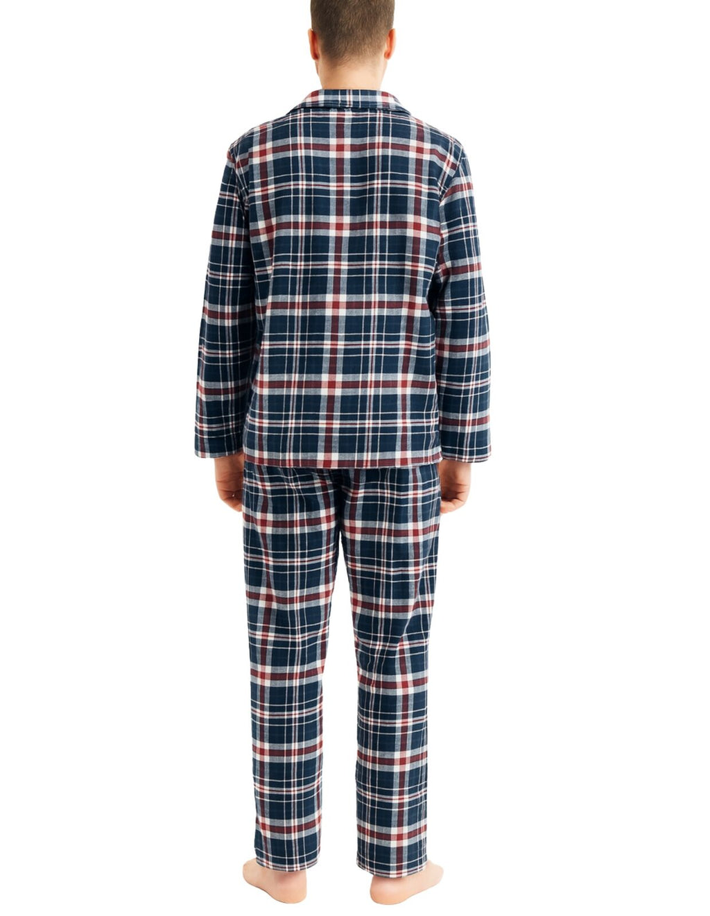 Mens Flannelette Pyjama Set Sleepwear Soft 100% Cotton PJs Two Piece - Navy/Red Check - L