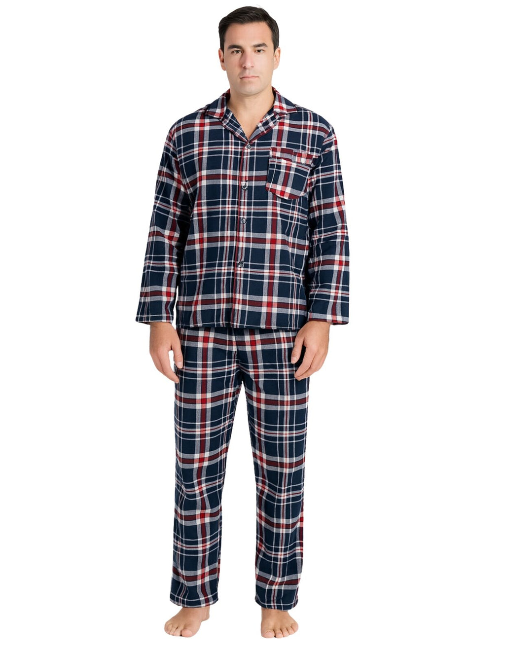 Mens Flannelette Pyjama Set Sleepwear Soft 100% Cotton PJs Two Piece - Navy/Red Check - S