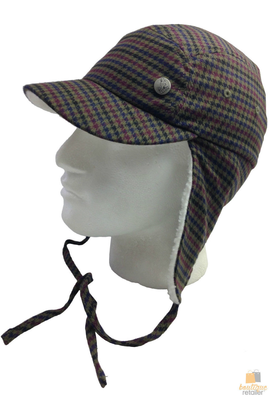 KANGOL Plaid Supre Ushanka Sherpa Chullo Lined Hat Warm Winter Ear Trapper Flying - Army Green/Black/Red - L/XL