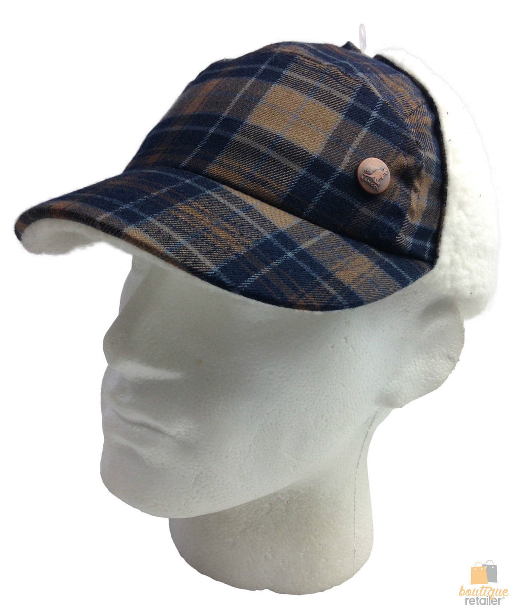 KANGOL Plaid Supre Ushanka Sherpa Chullo Lined Hat Warm Winter Ear Trapper Flying - Navy/Khaki - L/XL