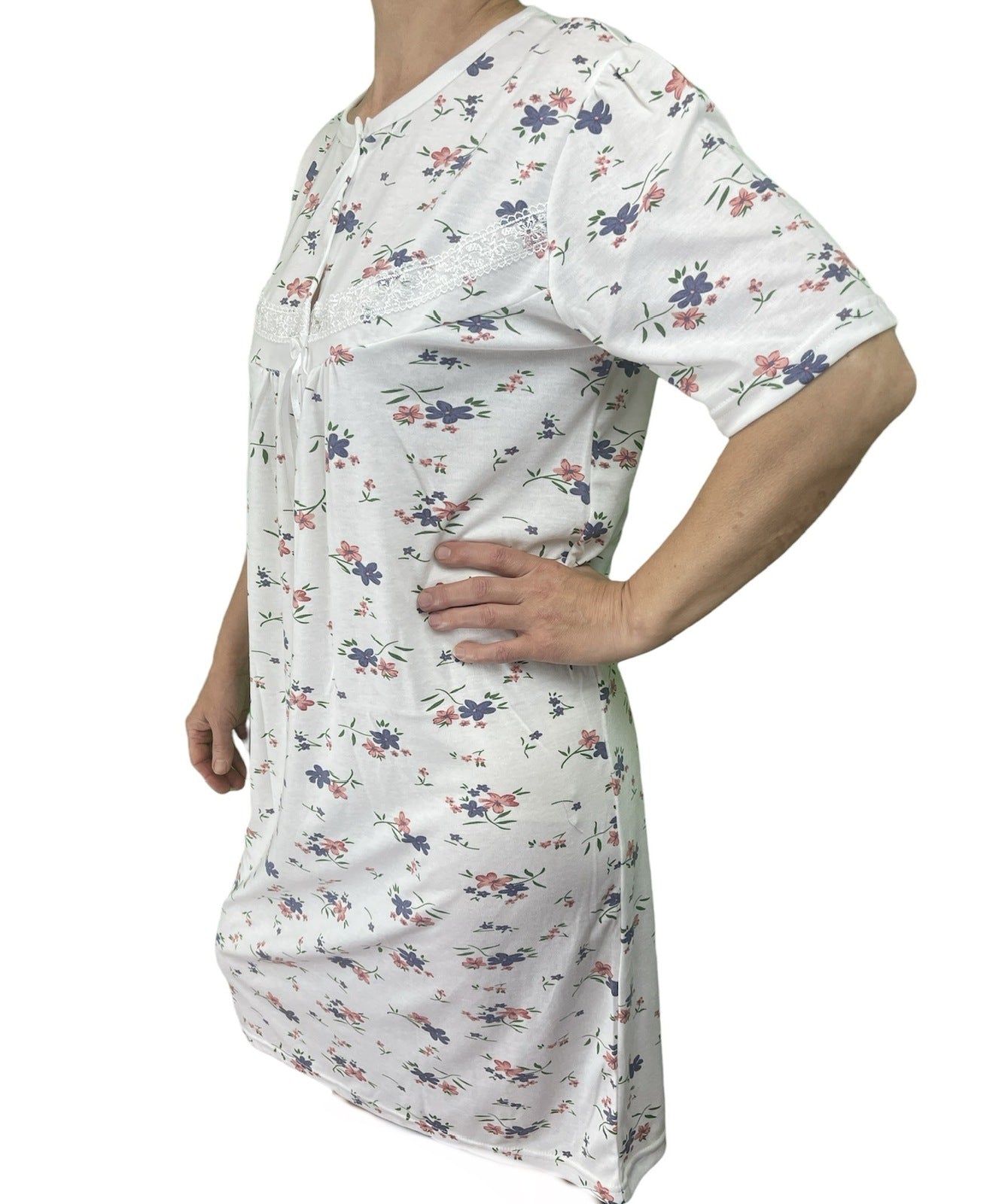 Womens Ladies Cotton Nightie Night Gown Slip Petticoat PJs Sleepwear Dress - White/Pink - 20