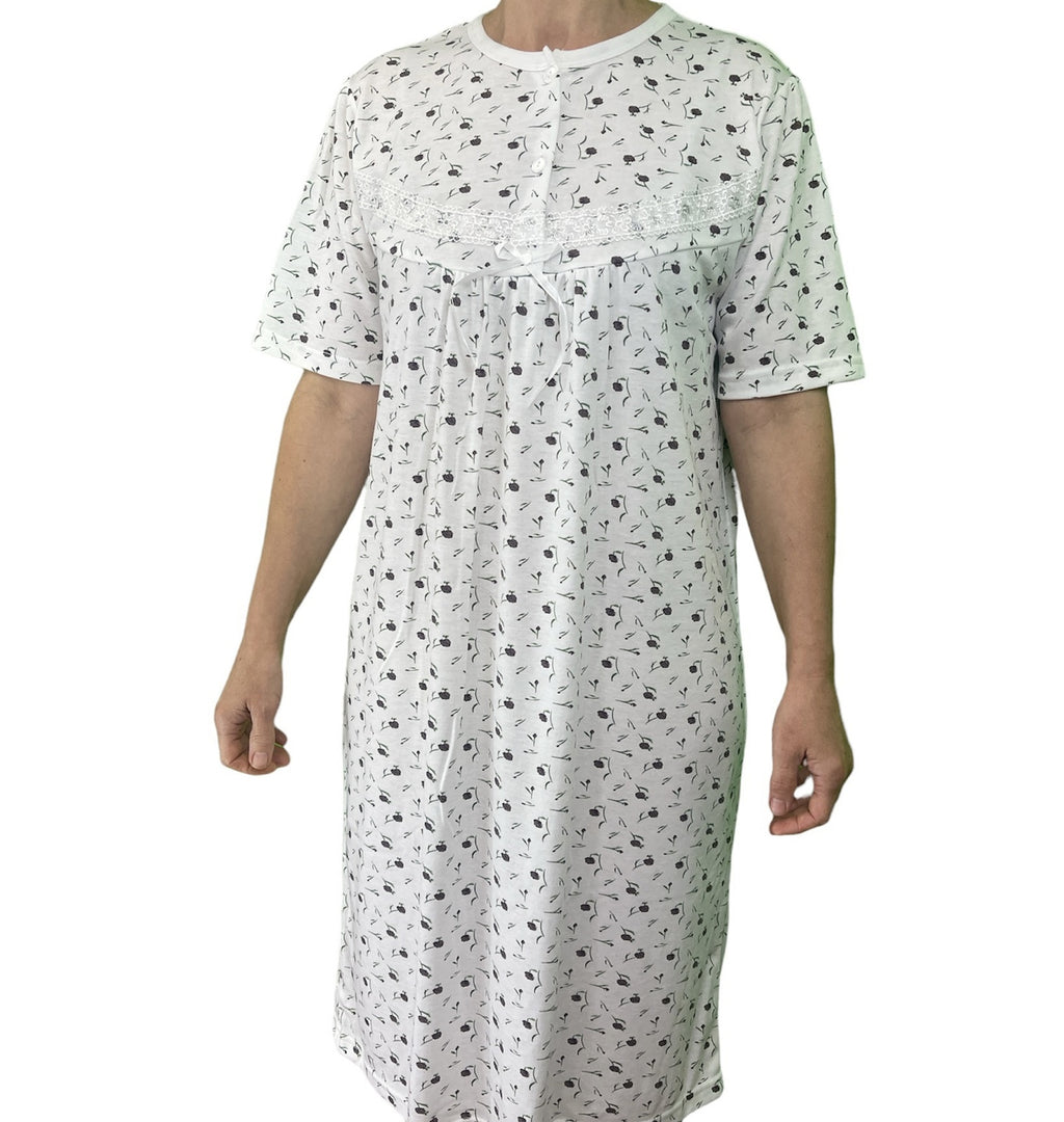 Womens Ladies Cotton Nightie Night Gown Slip Petticoat PJs Sleepwear Dress - White/Purple - 20