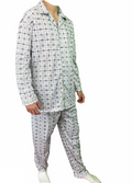 Mens Cotton Pajamas Pyjamas PJs Long Sleeve Shirt Tops + Pants Set Sleepwear - White/Blue - L