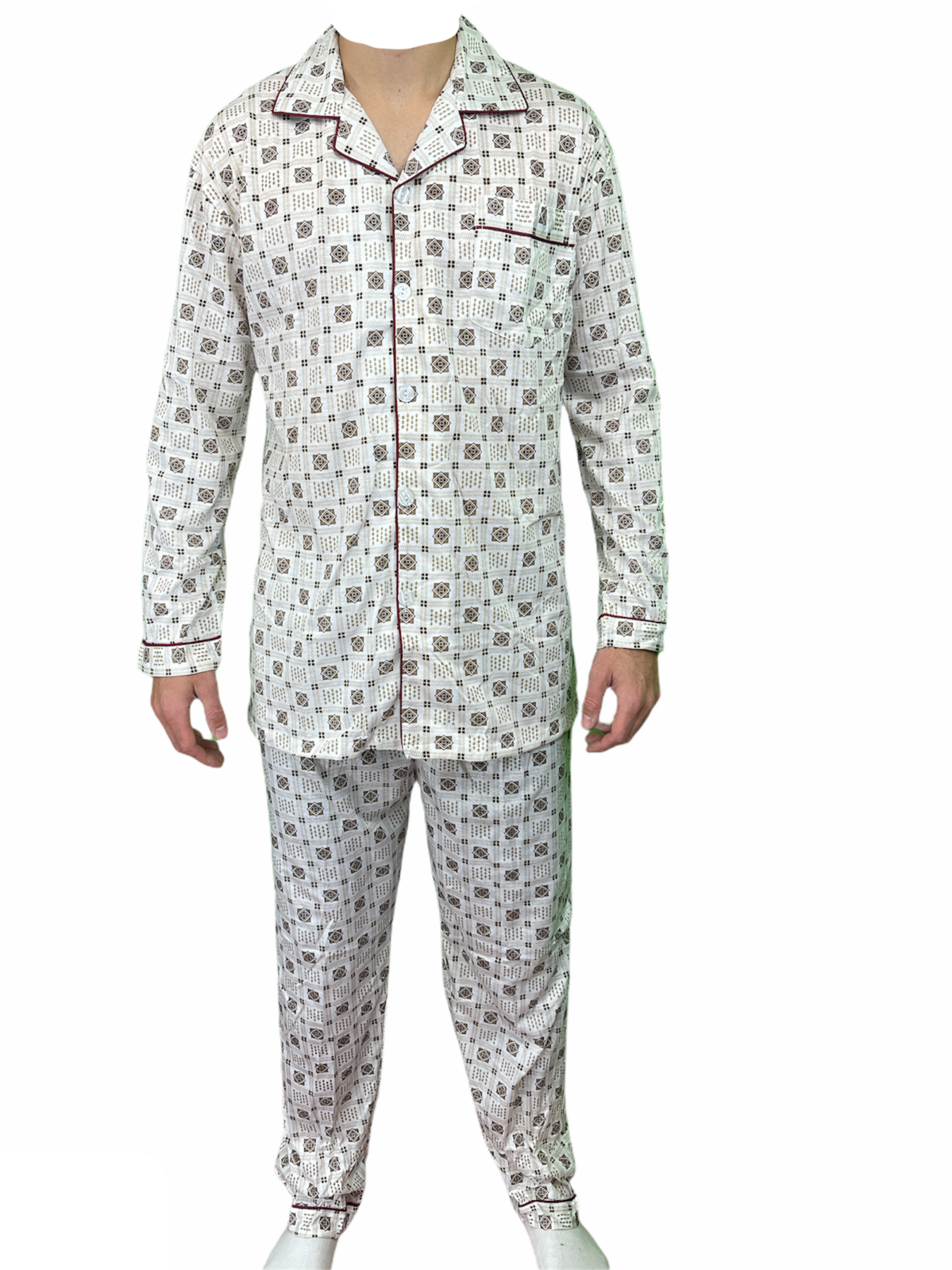 Mens Cotton Pajamas Pyjamas PJs Long Sleeve Shirt Tops + Pants Set Sleepwear - White/Brown - L