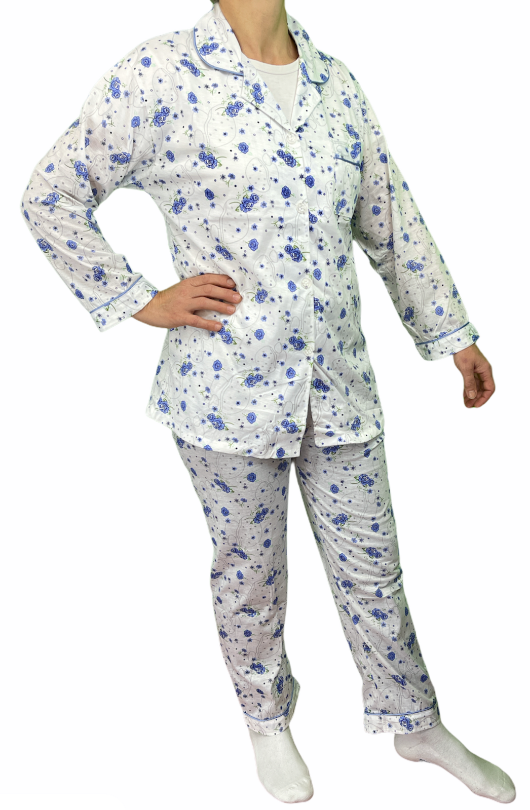 Womens PYJAMAS PJs Set Pajamas Ladies Cotton PJ Womens Long Sleeve Sleepwear - Blue - 22