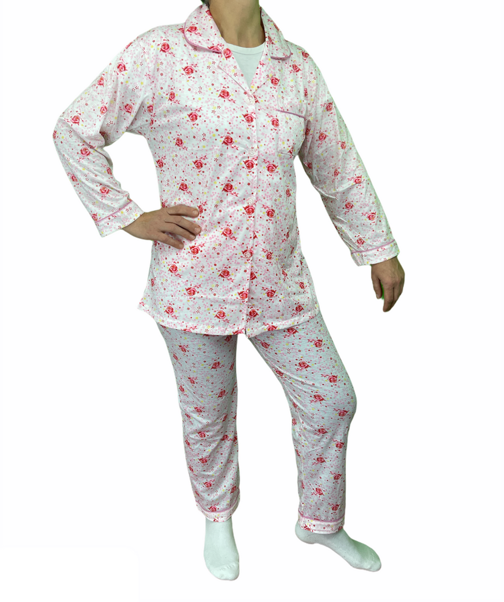 Womens PYJAMAS PJs Set Pajamas Ladies Cotton PJ Womens Long Sleeve Sleepwear - Pink - 18