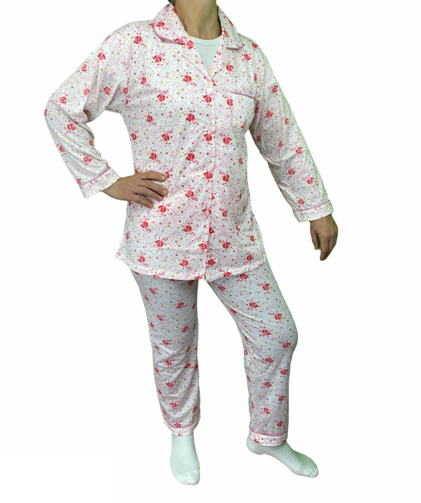 Womens PYJAMAS PJs Set Pajamas Ladies Cotton PJ Womens Long Sleeve Sleepwear - Pink - 18