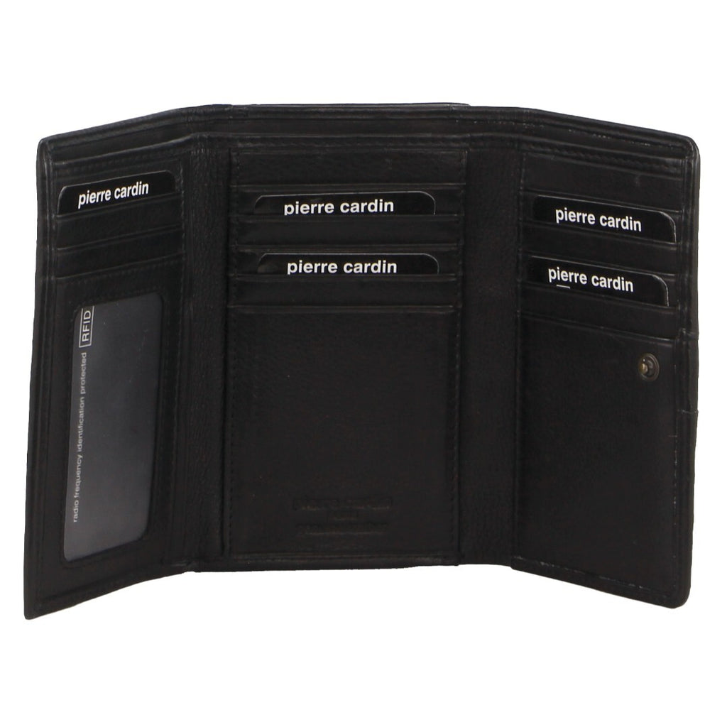 Pierre Cardin Womens Leather Woven Design Tri Fold RFID Wallet Travel in Black