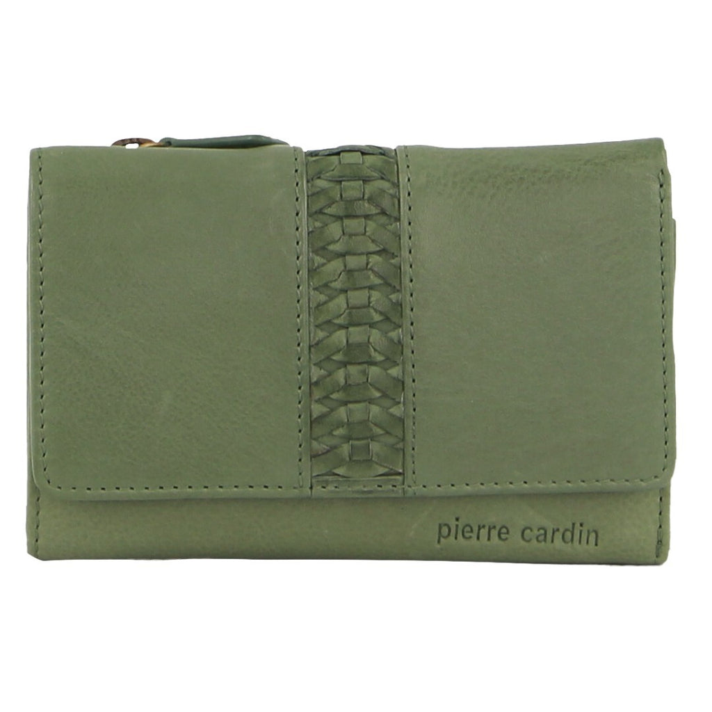 Pierre Cardin Leather Ladies Woven Design Tri-fold Wallet in Leaf Green