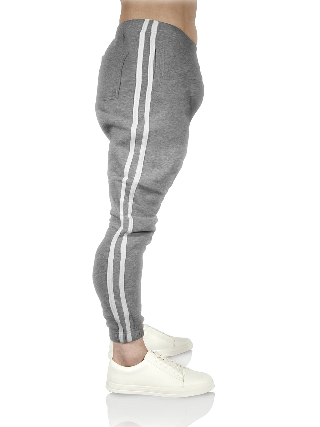 Mens Fleece Skinny Track Pants Jogger Gym Casual Sweat Trackies Warm Trousers - Grey Marle/White Stripe - L