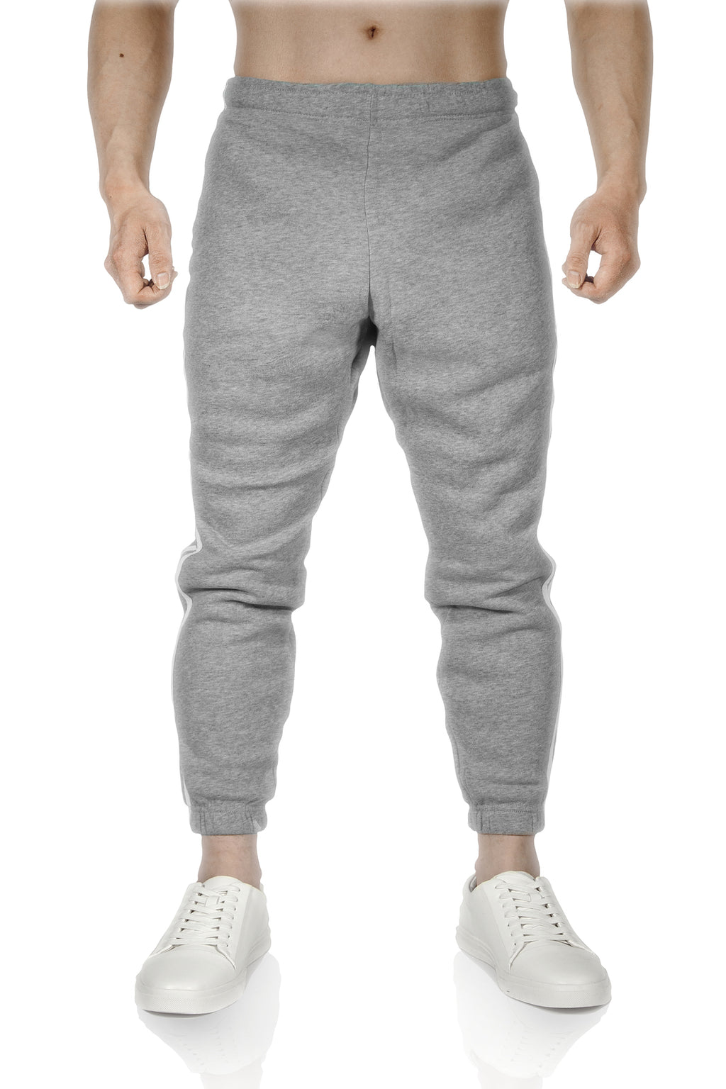 Mens Fleece Skinny Track Pants Jogger Gym Casual Sweat Trackies Warm Trousers - Grey Marle/White Stripe - S