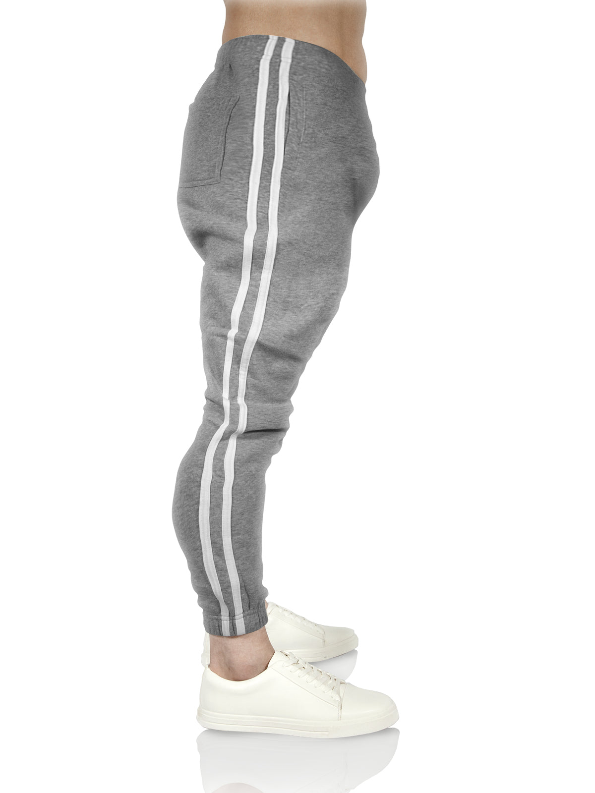 Mens Fleece Skinny Track Pants Jogger Gym Casual Sweat Trackies Warm Trousers - Grey Marle/White Stripe - S
