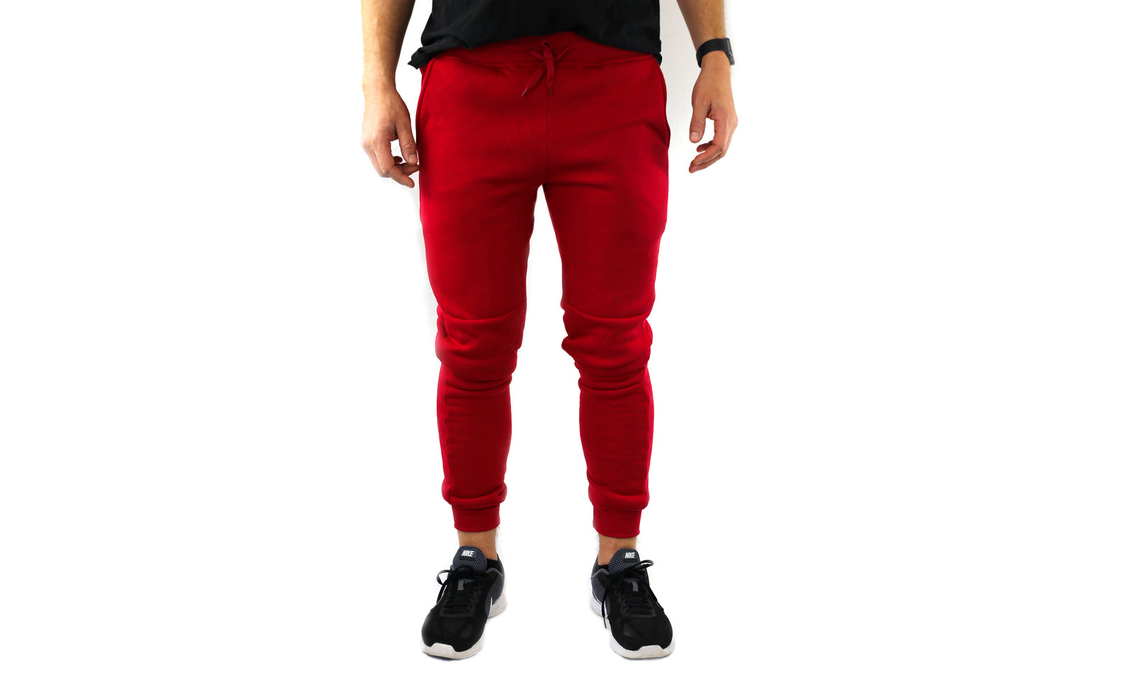 Mens Skinny Track Pants Joggers Trousers Gym Casual Sweat Cuffed Slim Trackies Fleece - Red - L