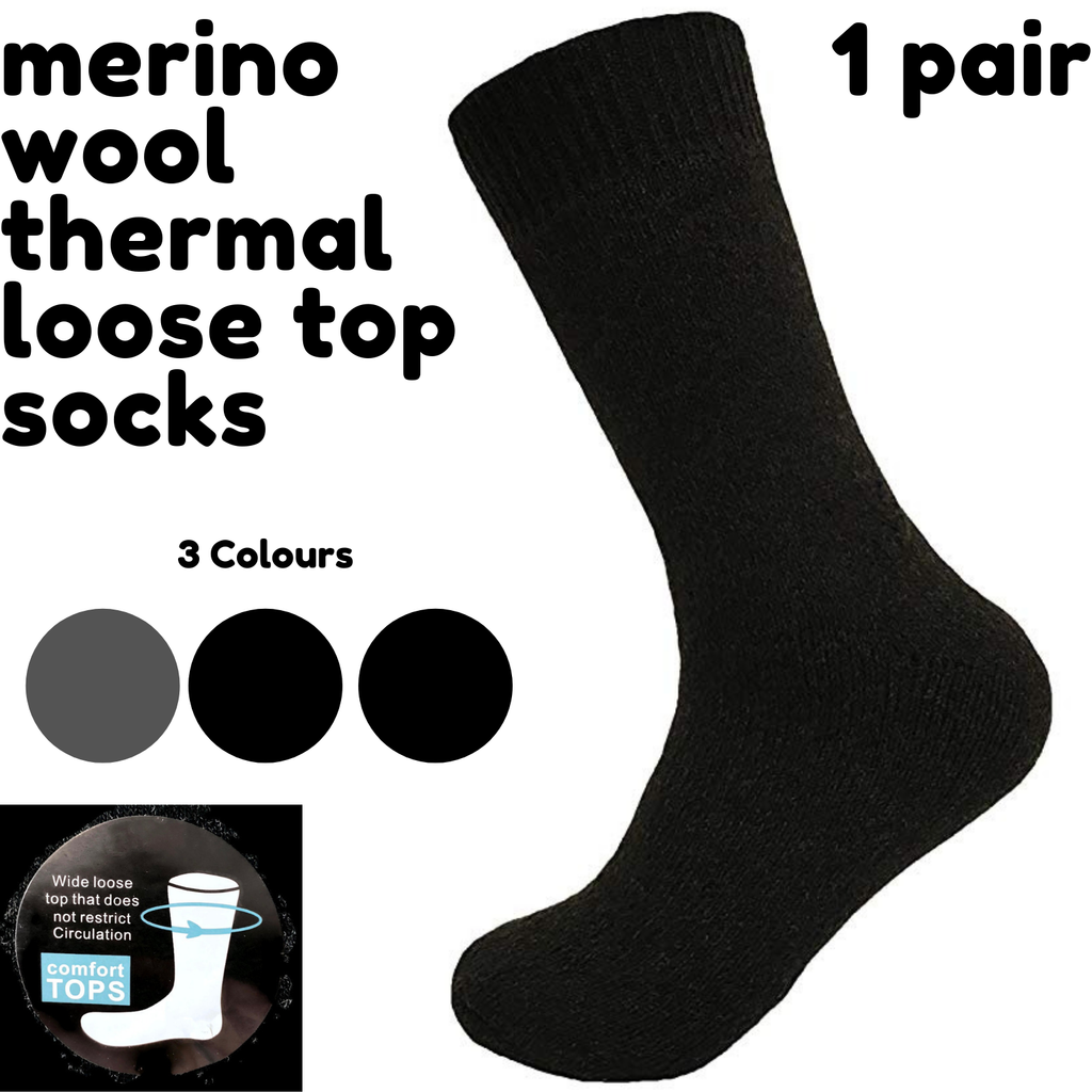 Merino Wool Mens Loose Top Thermal Socks Diabetic Comfort Circulation - 1 Pair - Navy - 11-14