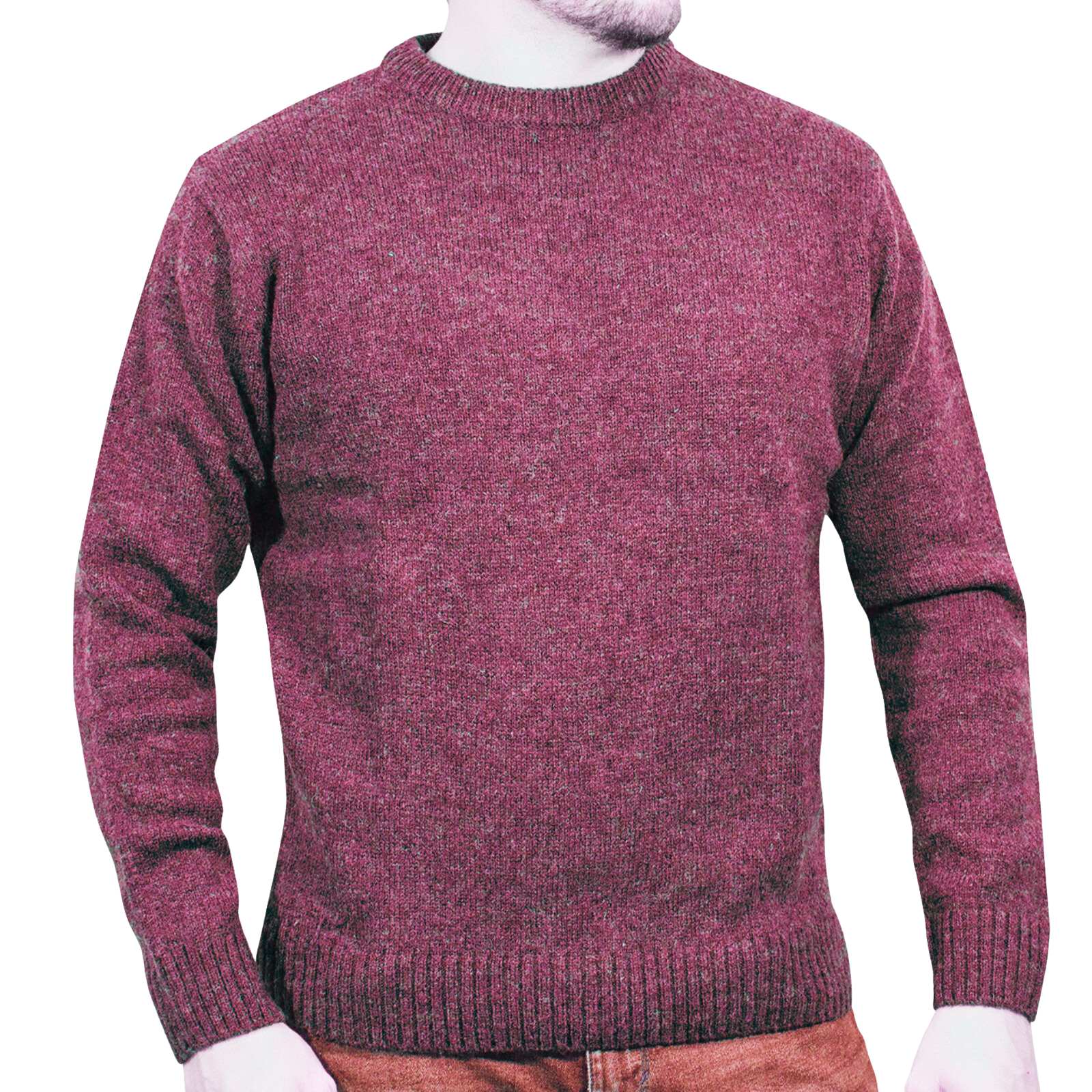 100% SHETLAND RAGG WOOL CREW Round Neck Knit JUMPER Pullover Mens Sweater Knitted - Burgundy - 3XL