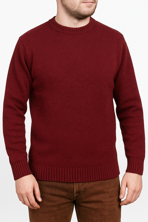 100% SHETLAND RAGG WOOL CREW Round Neck Knit JUMPER Pullover Mens Sweater Knitted - Burgundy - 5XL