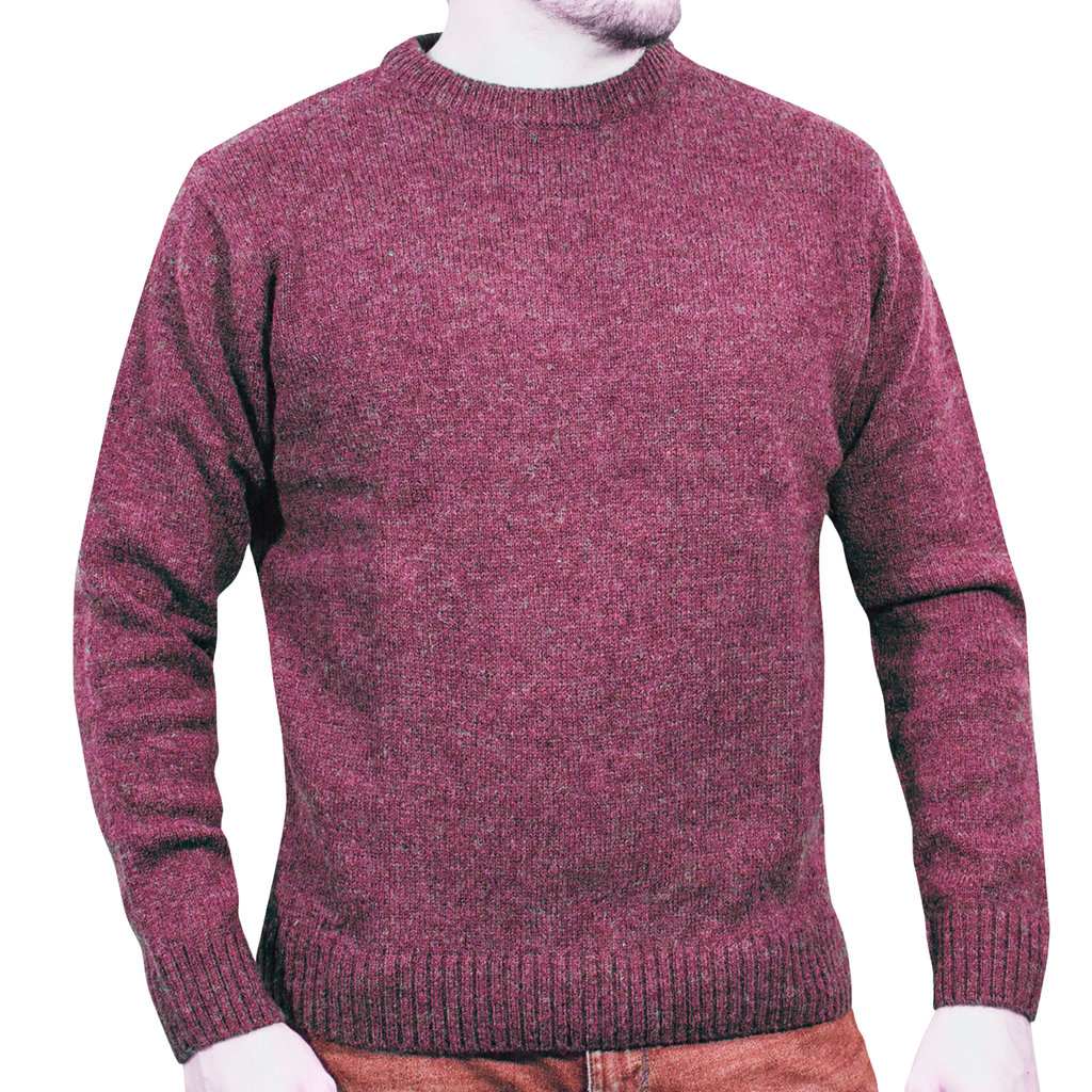 100% SHETLAND RAGG WOOL CREW Round Neck Knit JUMPER Pullover Mens Sweater Knitted - Burgundy - 6XL