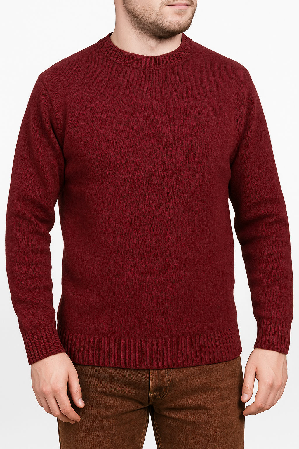 100% SHETLAND RAGG WOOL CREW Round Neck Knit JUMPER Pullover Mens Sweater Knitted - Burgundy - S
