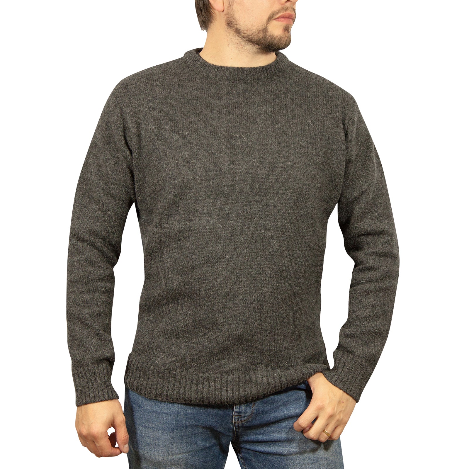 Mens 100% Shetland Ragg Wool Round Neck Knit Jumper Pullover Crew Sweater - Charcoal (29) - L
