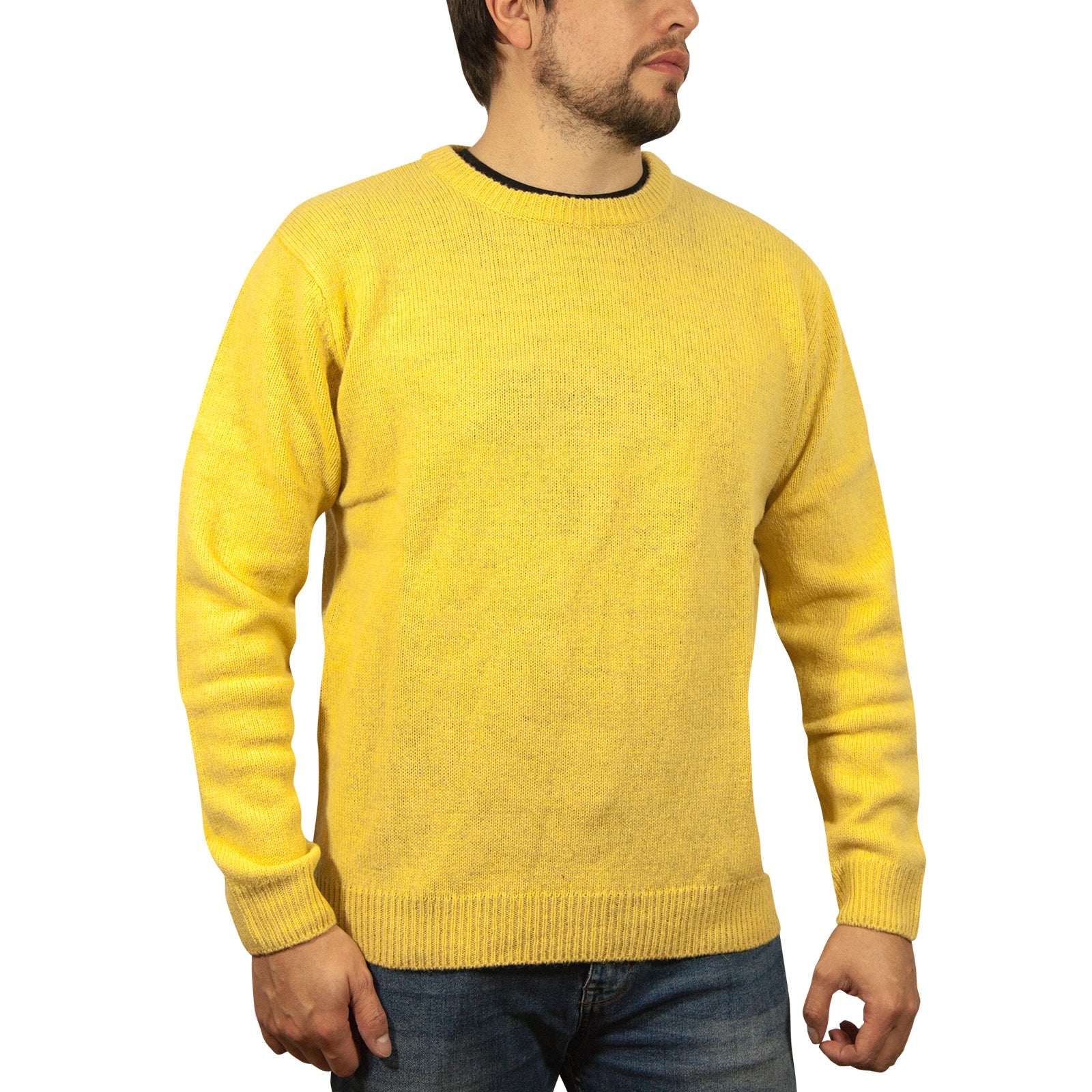 100% SHETLAND RAGG WOOL CREW Round Neck Knit JUMPER Pullover Mens Sweater Knitted - Corn (14) - S