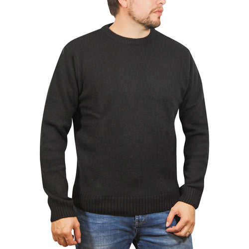 100% SHETLAND RAGG WOOL CREW Round Neck Knit JUMPER Pullover Mens Sweater Knitted - Plain Black - 3XL