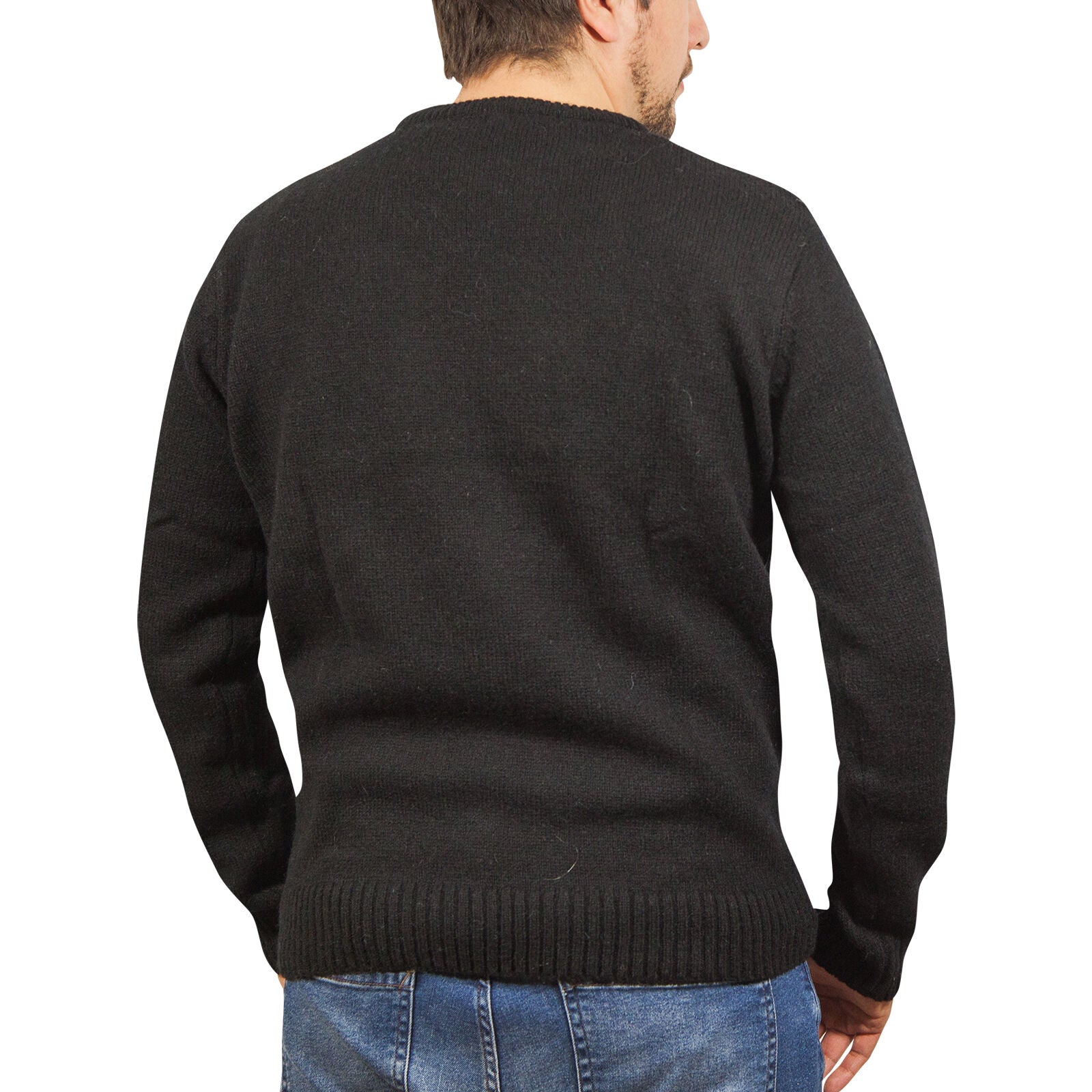 100% SHETLAND RAGG WOOL CREW Round Neck Knit JUMPER Pullover Mens Sweater Knitted - Plain Black - S