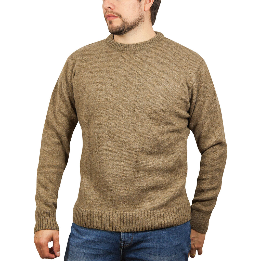100% SHETLAND RAGG WOOL CREW Round Neck Knit JUMPER Pullover Mens Sweater Knitted - Nutmeg - 3XL