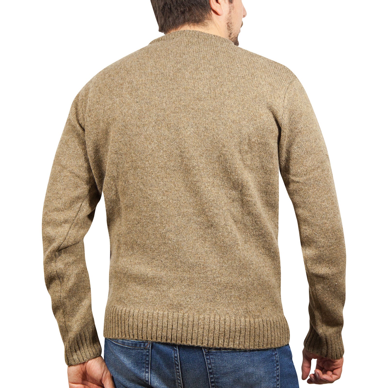 100% SHETLAND RAGG WOOL CREW Round Neck Knit JUMPER Pullover Mens Sweater Knitted - Nutmeg - L
