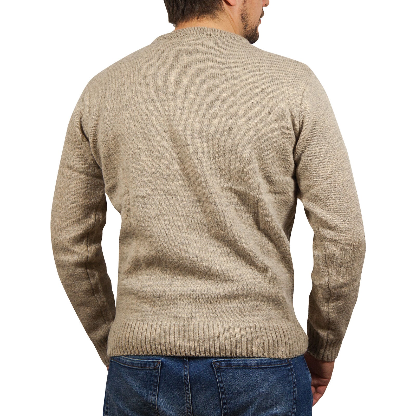100% SHETLAND RAGG WOOL CREW Round Neck Knit JUMPER Pullover Mens Sweater Knitted - Beige - 4XL