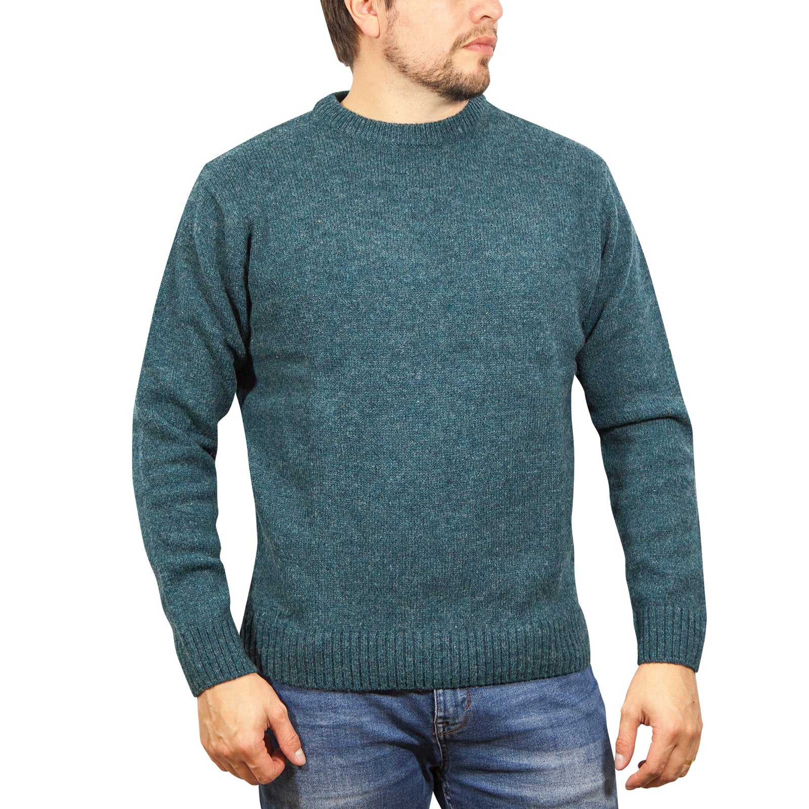 100% SHETLAND RAGG WOOL CREW Round Neck Knit JUMPER Pullover Mens Sweater Knitted - Sherwood - XL