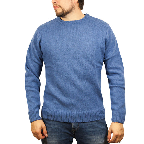 100% SHETLAND RAGG WOOL CREW Round Neck Knit JUMPER Pullover Mens Sweater Knitted - Sky - 5XL