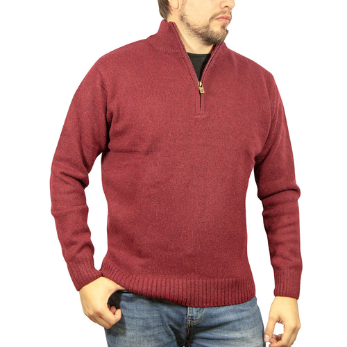 100% SHETLAND RAGG WOOL Half Zip Up Knit JUMPER Pullover Mens Sweater Knitted - Burgundy - L