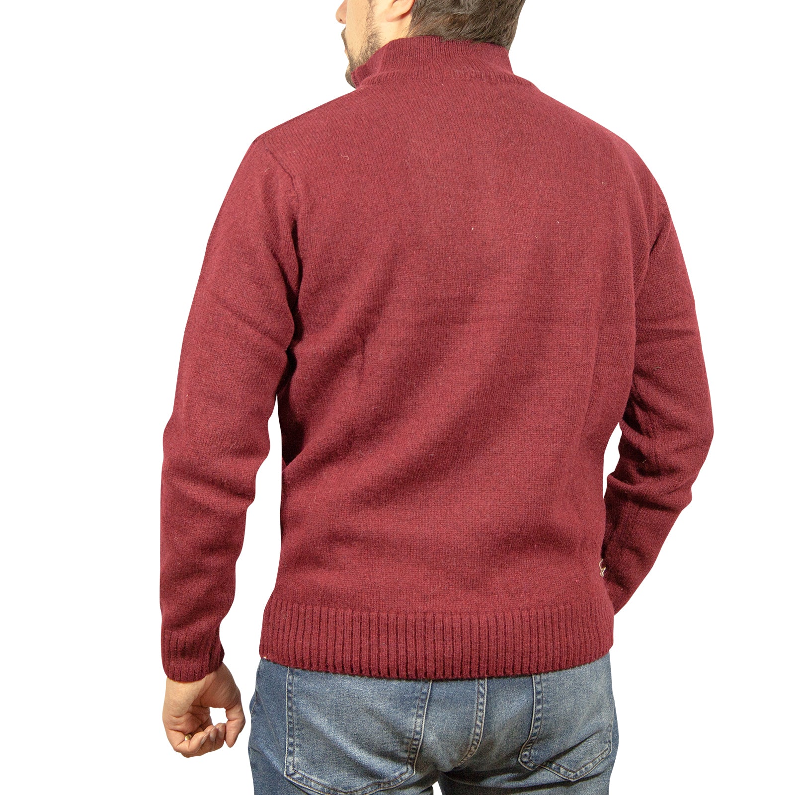 100% SHETLAND RAGG WOOL Half Zip Up Knit JUMPER Pullover Mens Sweater Knitted - Burgundy - XXL