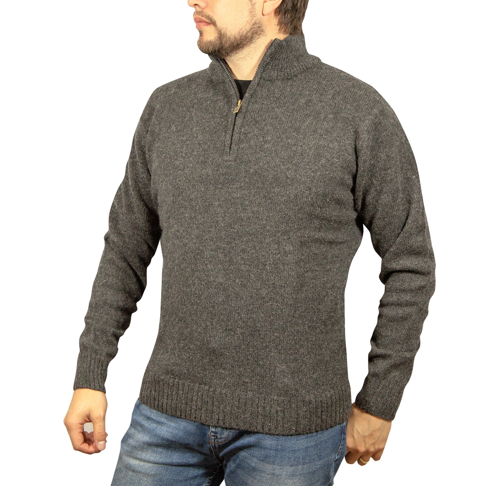 100% SHETLAND RAGG WOOL Half Zip Up Knit JUMPER Pullover Mens Sweater Knitted - Charcoal - 5XL