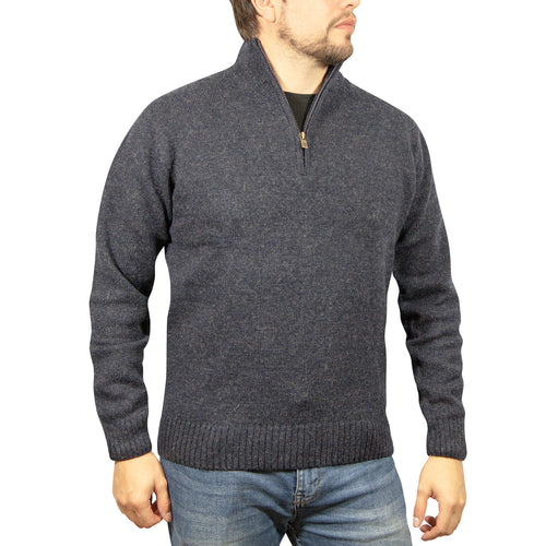 100% SHETLAND RAGG WOOL Half Zip Up Knit JUMPER Pullover Mens Sweater Knitted - Denim Blue (45) - 3XL - S