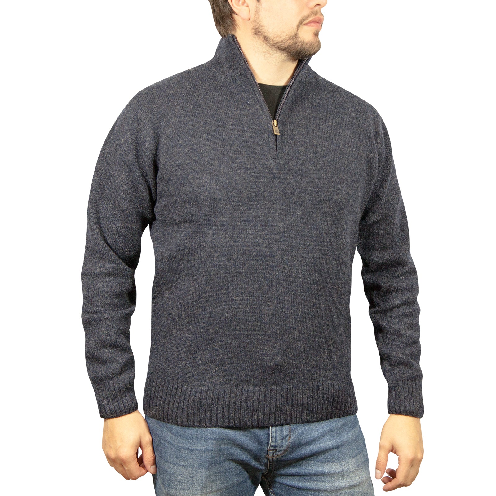 100% SHETLAND RAGG WOOL Half Zip Up Knit JUMPER Pullover Mens Sweater Knitted - Denim Blue (45) - 3XL - XXL